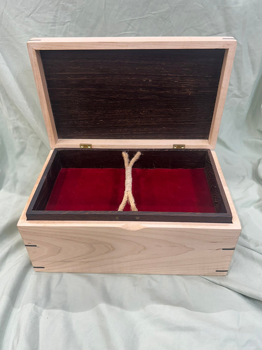 Moderately Figured Curly Maple Mitered Box | 11 x 6.75 x 5" with Domed Wenge Lid, Crown of Thorns Inlay, and Wenge Tray