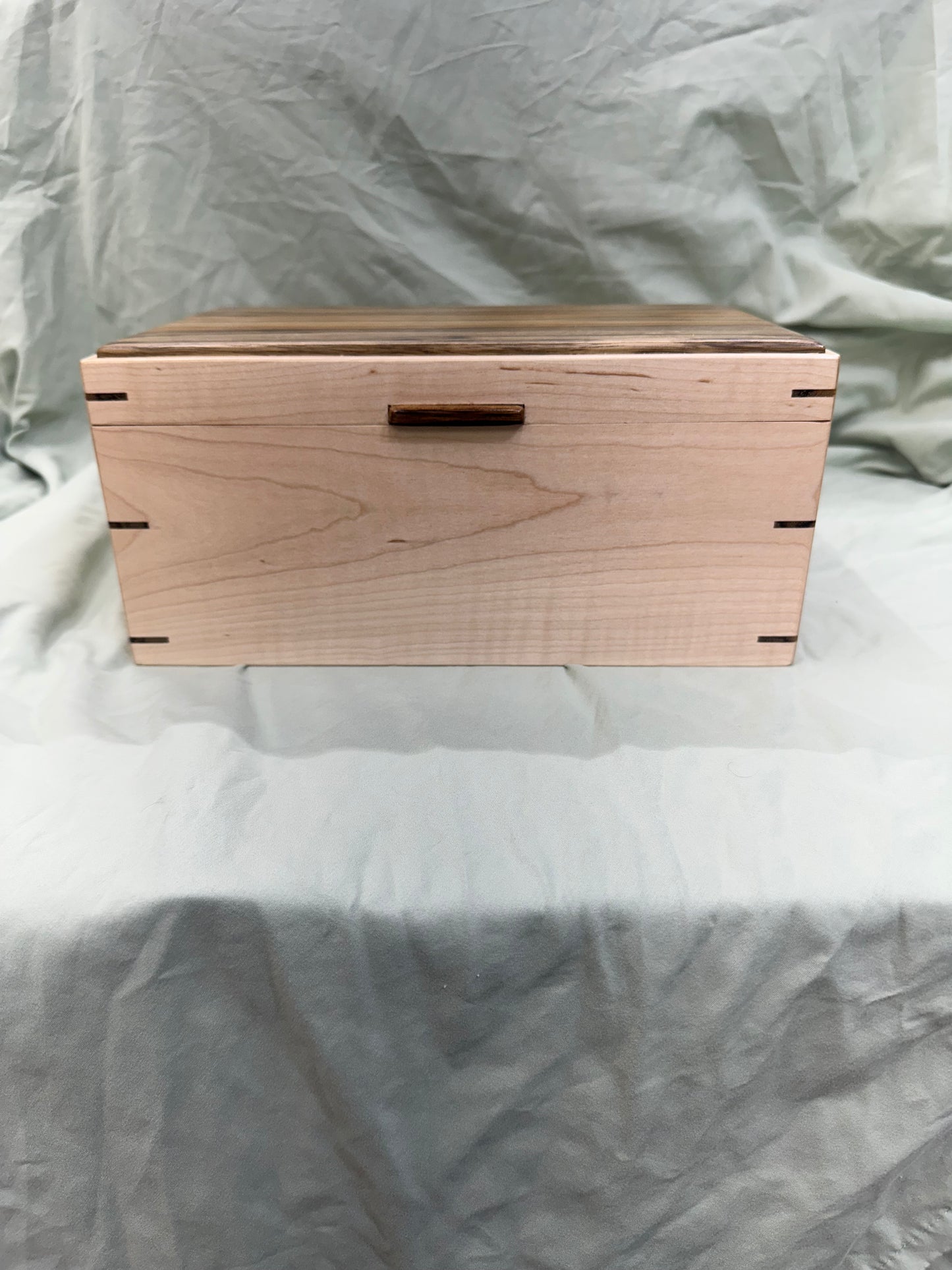 Handmade 11 x 7.75 x 5" Curly Maple Mitered Keepsake/Jewelry Box with Black Limba Lid and Accents
