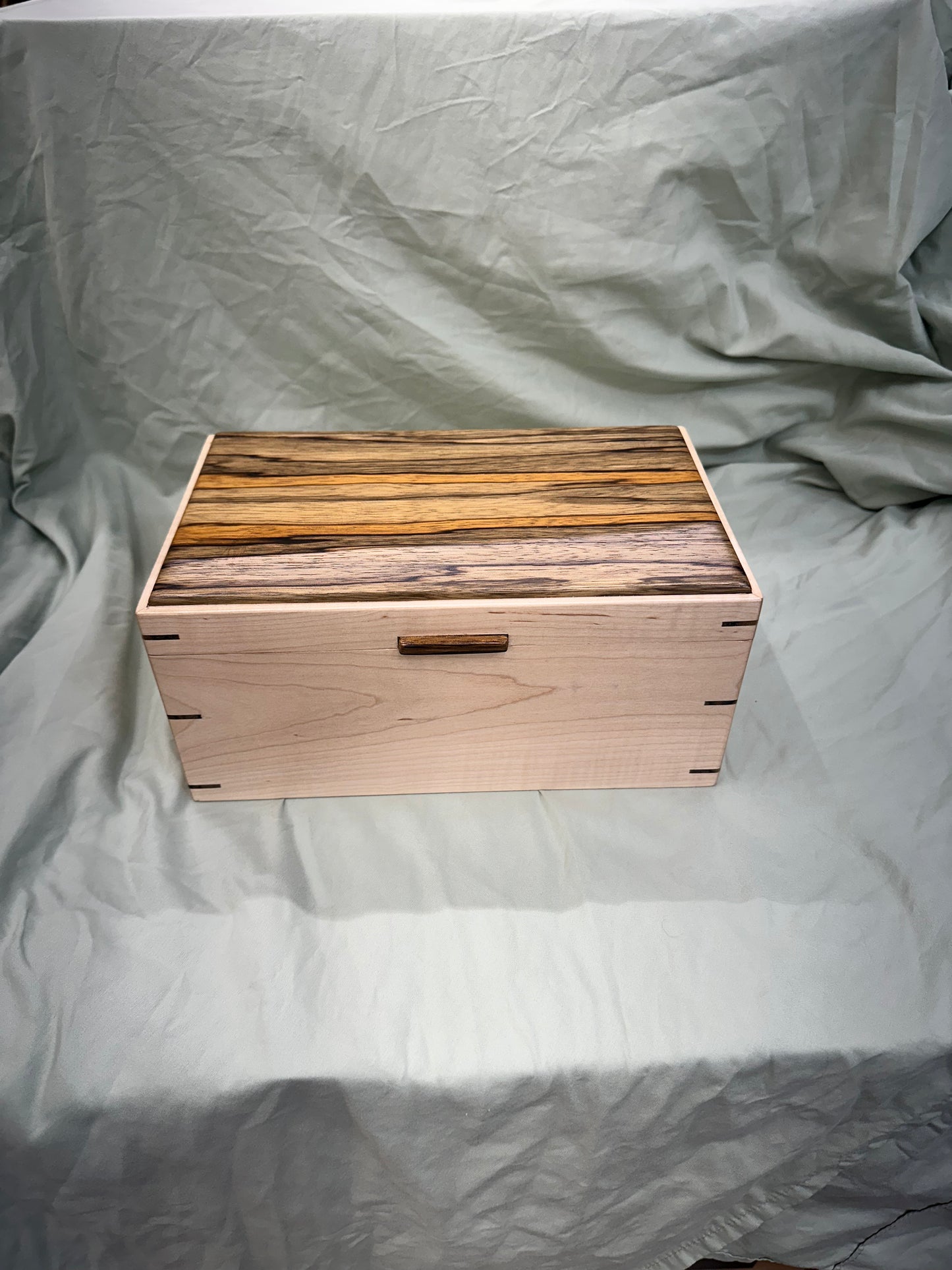Handmade 11 x 7.75 x 5" Curly Maple Mitered Keepsake/Jewelry Box with Black Limba Lid and Accents