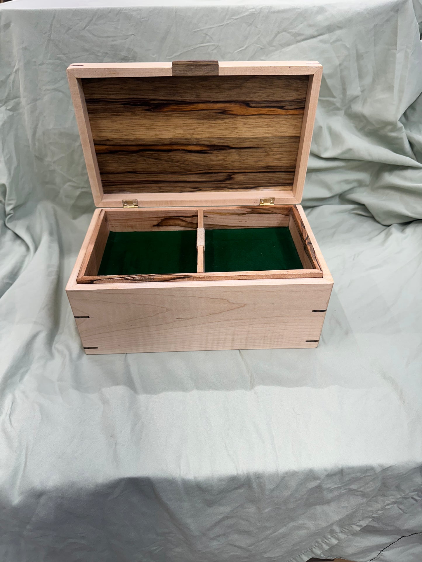 Handmade 11 x 7.75 x 5" Curly Maple Mitered Keepsake/Jewelry Box with Black Limba Lid and Accents