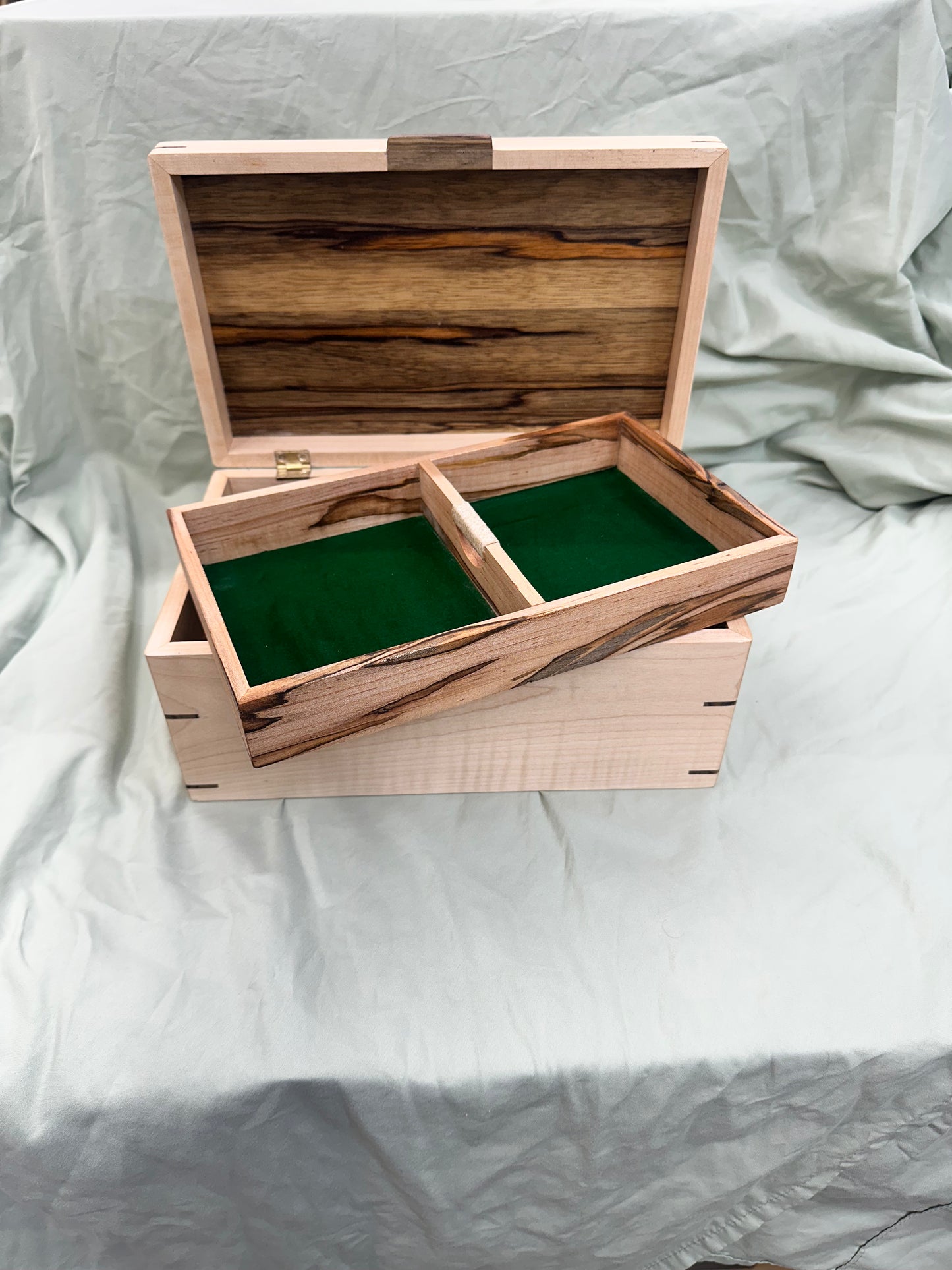 Handmade 11 x 7.75 x 5" Curly Maple Mitered Keepsake/Jewelry Box with Black Limba Lid and Accents