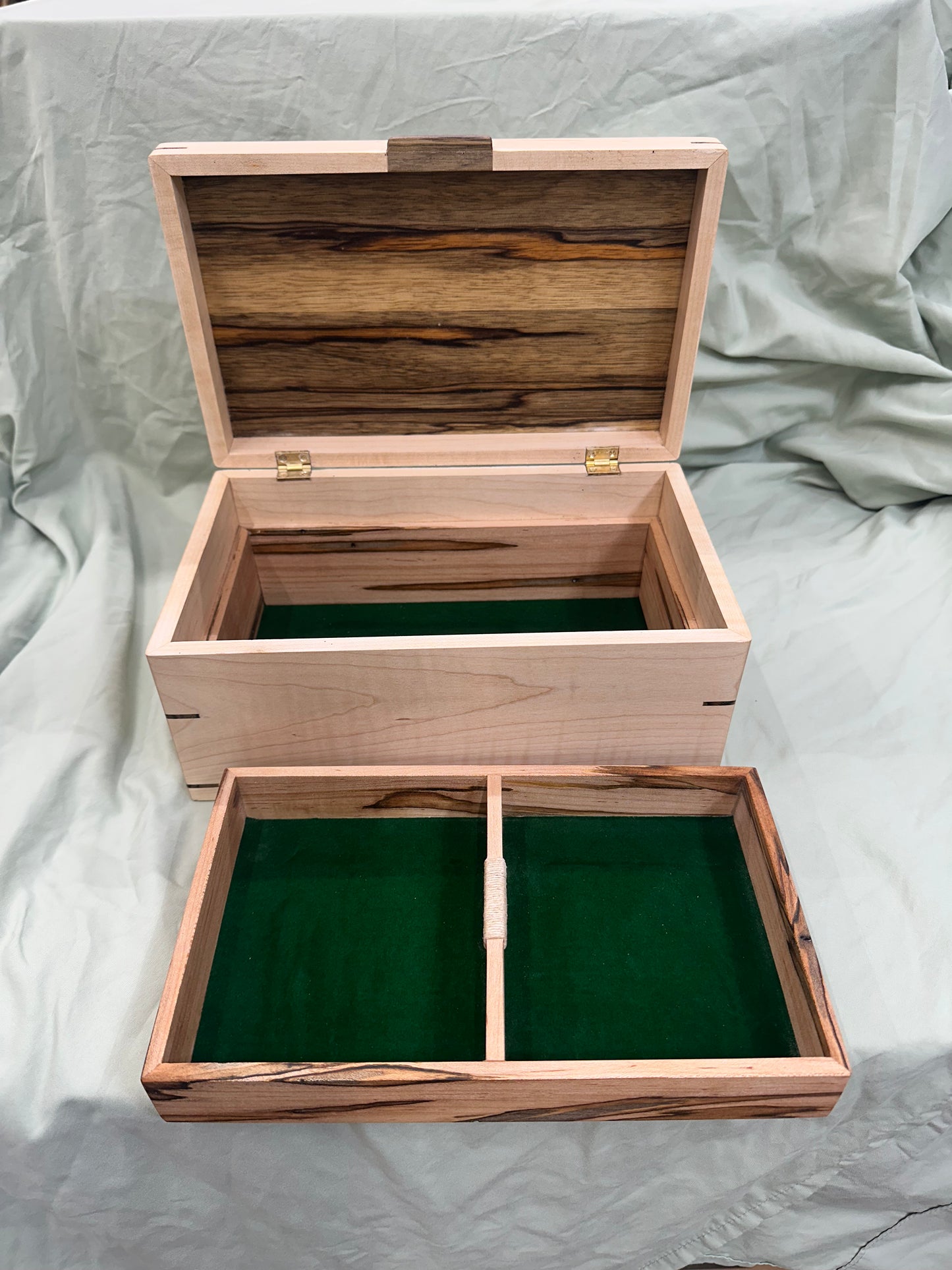 Handmade 11 x 7.75 x 5" Curly Maple Mitered Keepsake/Jewelry Box with Black Limba Lid and Accents