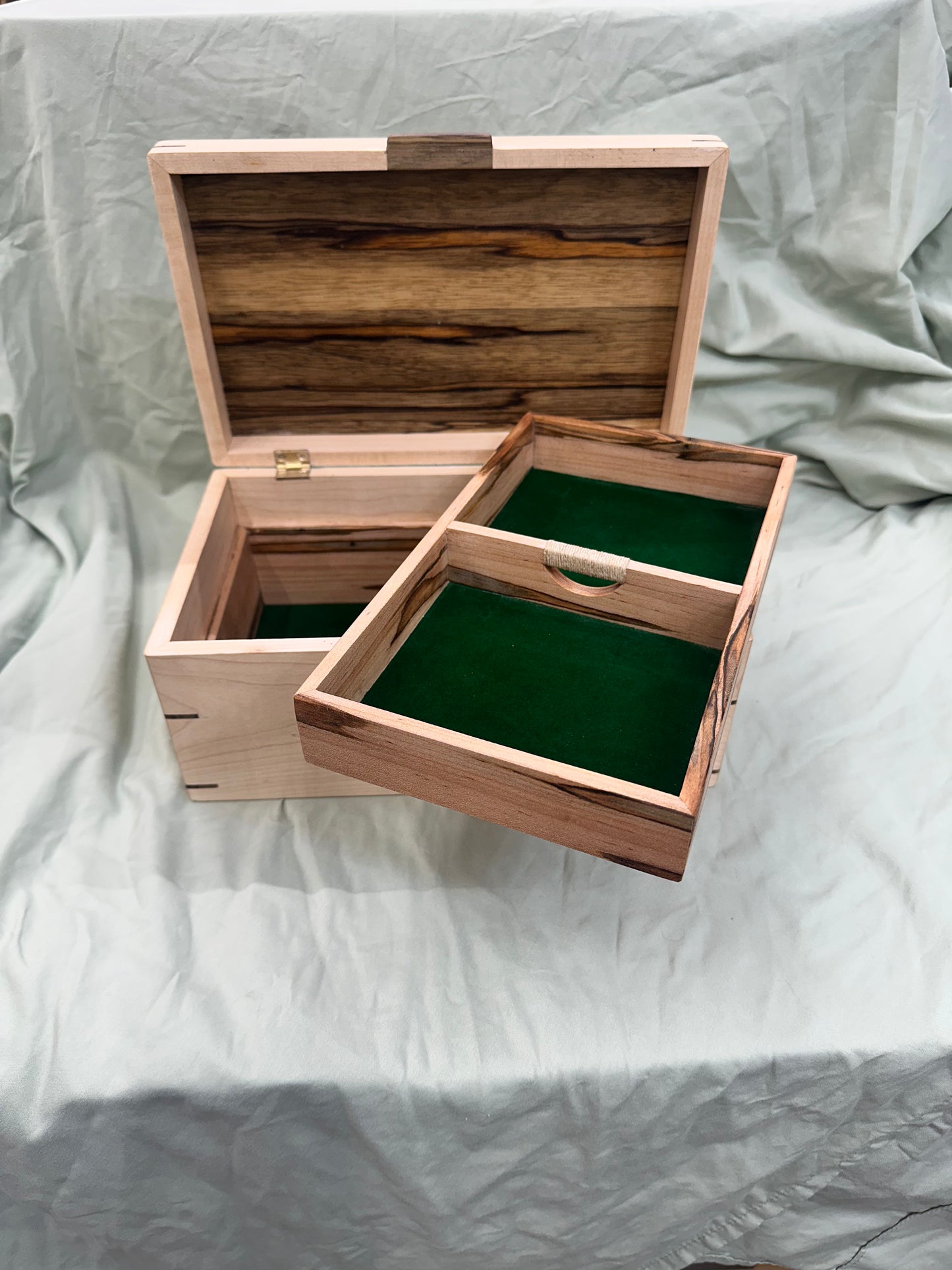 Handmade 11 x 7.75 x 5" Curly Maple Mitered Keepsake/Jewelry Box with Black Limba Lid and Accents