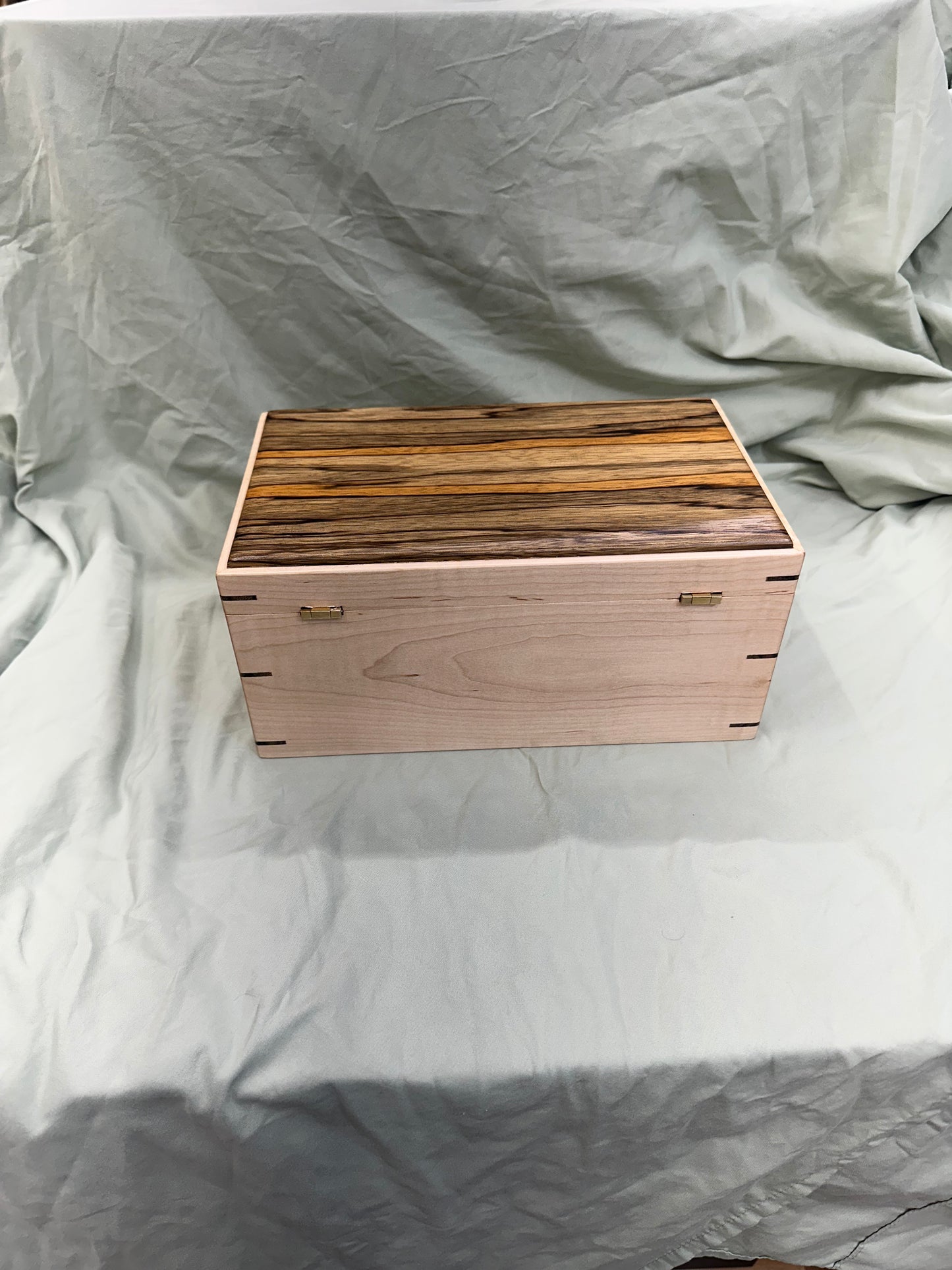 Handmade 11 x 7.75 x 5" Curly Maple Mitered Keepsake/Jewelry Box with Black Limba Lid and Accents