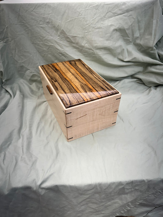 Handmade 11 x 7.75 x 5" Curly Maple Mitered Keepsake/Jewelry Box with Black Limba Lid and Accents