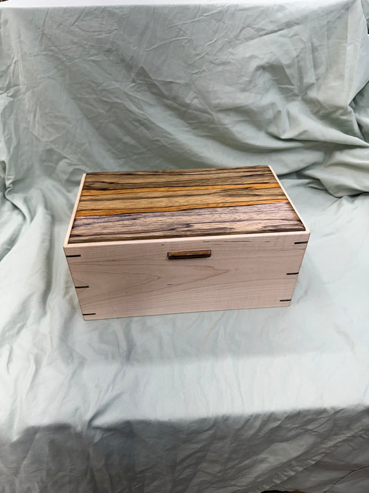 Handmade 11 x 7.75 x 5" Curly Maple Mitered Keepsake/Jewelry Box with Black Limba Lid and Accents