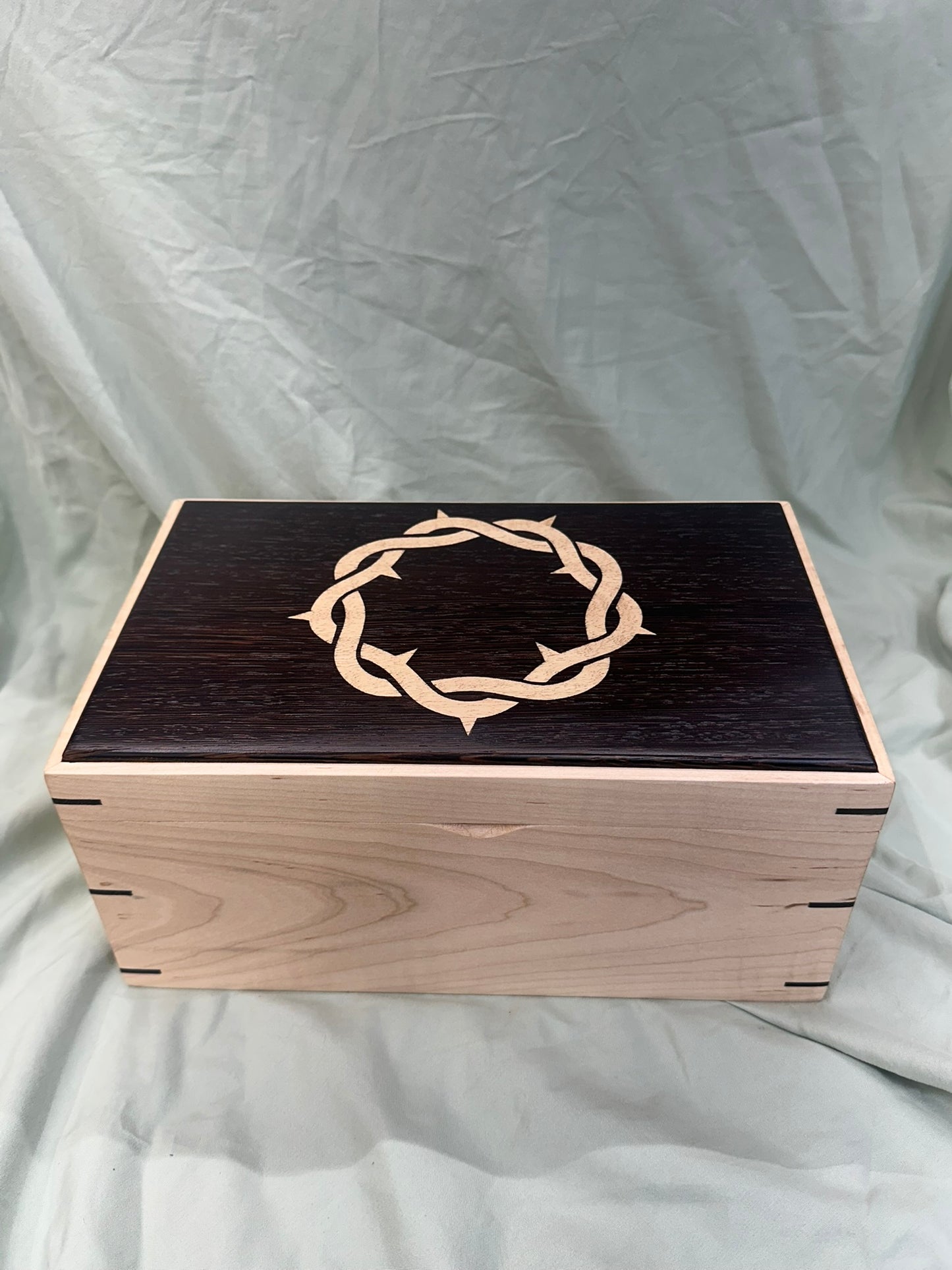 Moderately Figured Curly Maple Mitered Box | 11 x 6.75 x 5" with Domed Wenge Lid, Crown of Thorns Inlay, and Wenge Tray