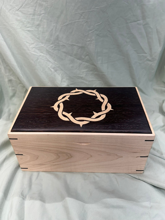 Moderately Figured Curly Maple Mitered Box | 11 x 6.75 x 5" with Domed Wenge Lid, Crown of Thorns Inlay, and Wenge Tray