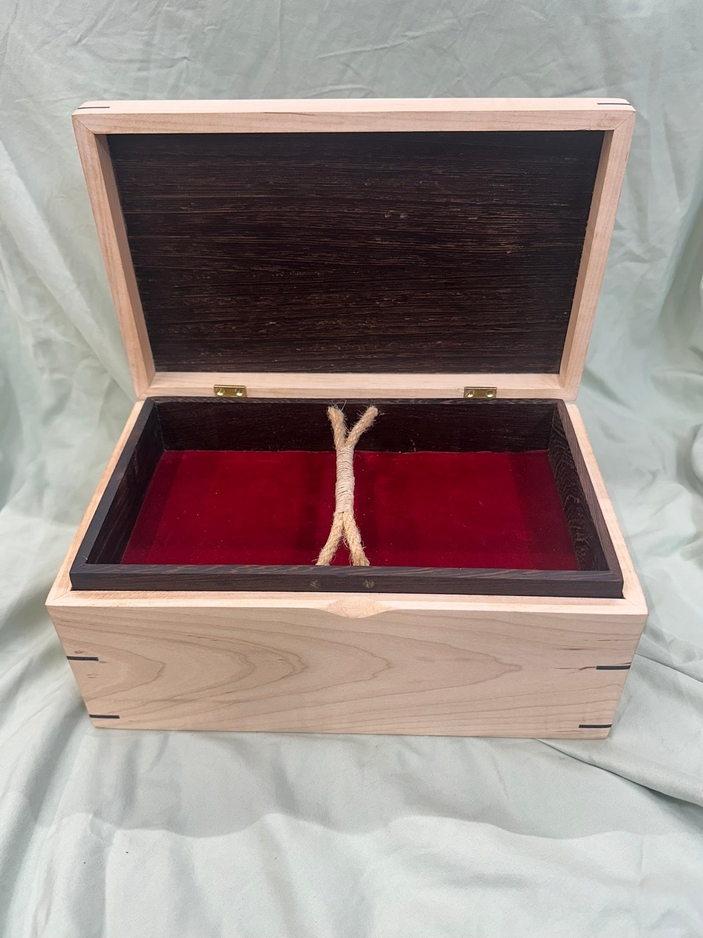 Moderately Figured Curly Maple Mitered Box | 11 x 6.75 x 5" with Domed Wenge Lid, Crown of Thorns Inlay, and Wenge Tray