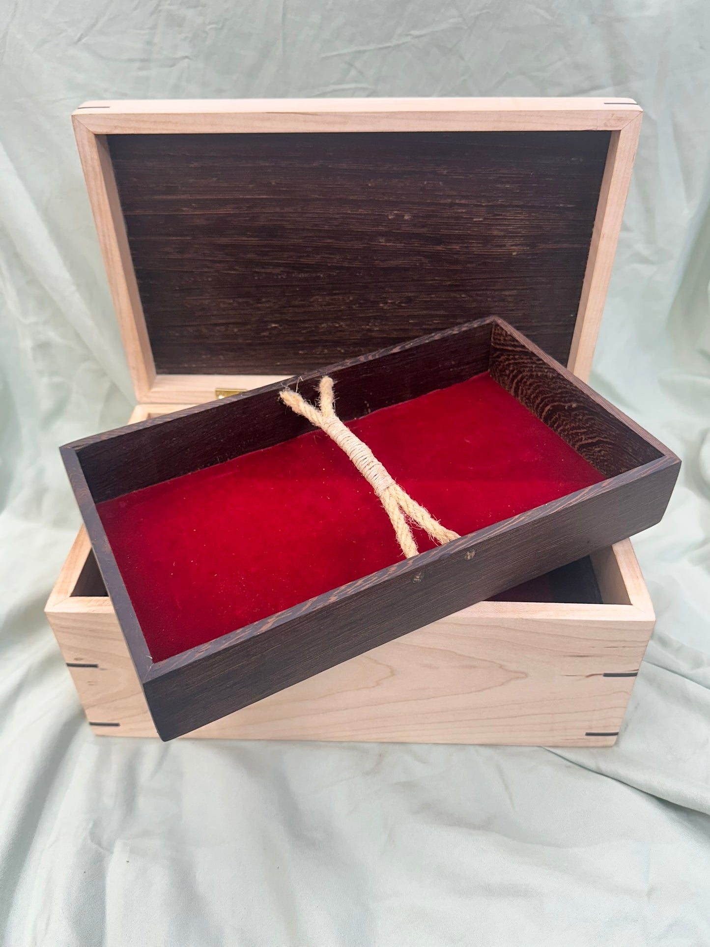 Moderately Figured Curly Maple Mitered Box | 11 x 6.75 x 5" with Domed Wenge Lid, Crown of Thorns Inlay, and Wenge Tray