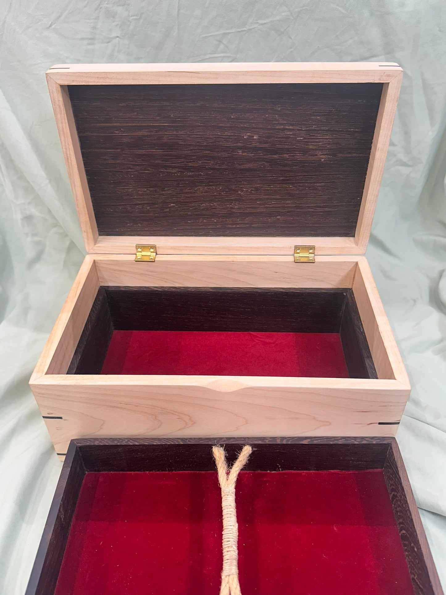 Moderately Figured Curly Maple Mitered Box | 11 x 6.75 x 5" with Domed Wenge Lid, Crown of Thorns Inlay, and Wenge Tray