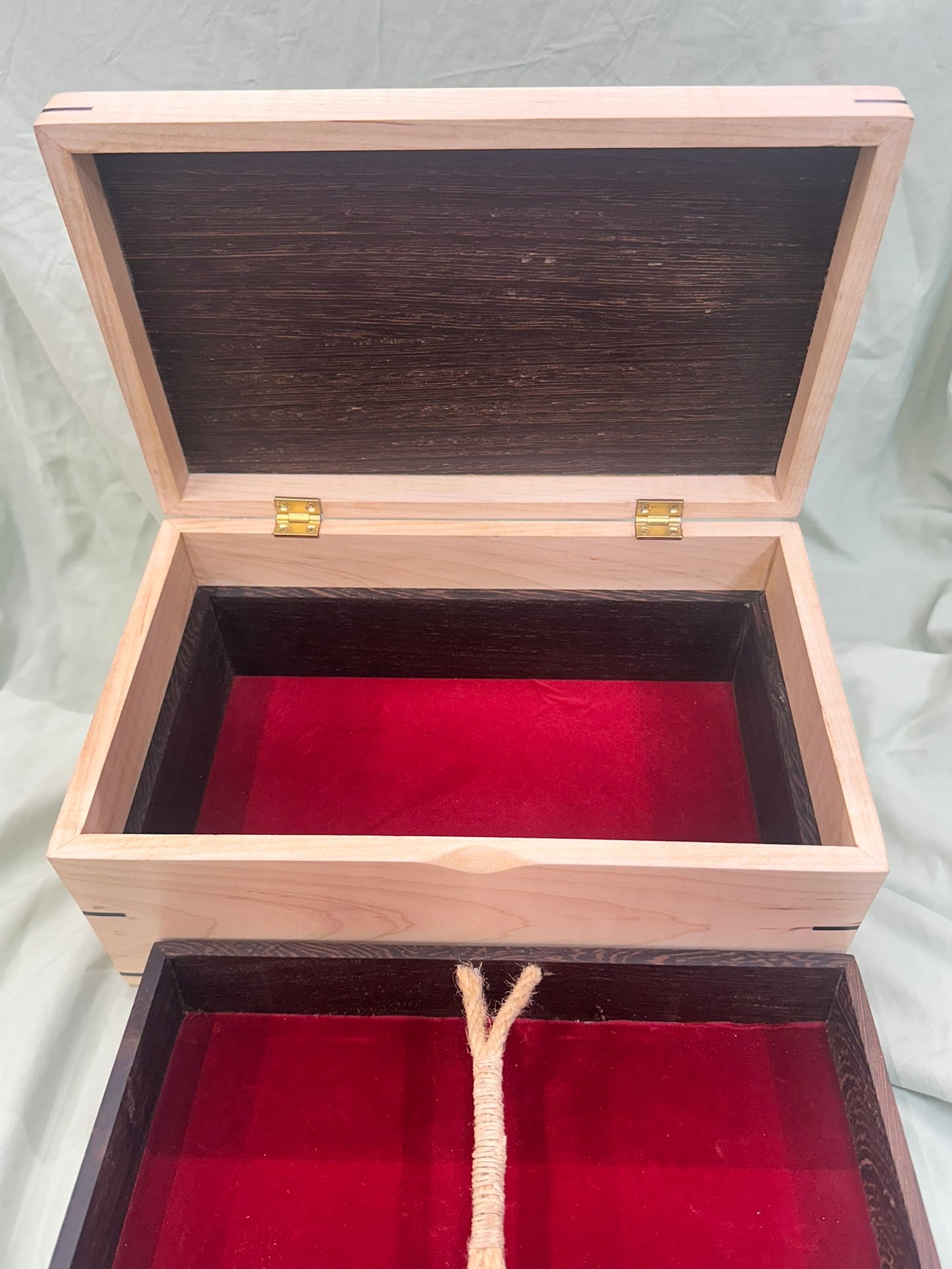 Moderately Figured Curly Maple Mitered Box | 11 x 6.75 x 5" with Domed Wenge Lid, Crown of Thorns Inlay, and Wenge Tray