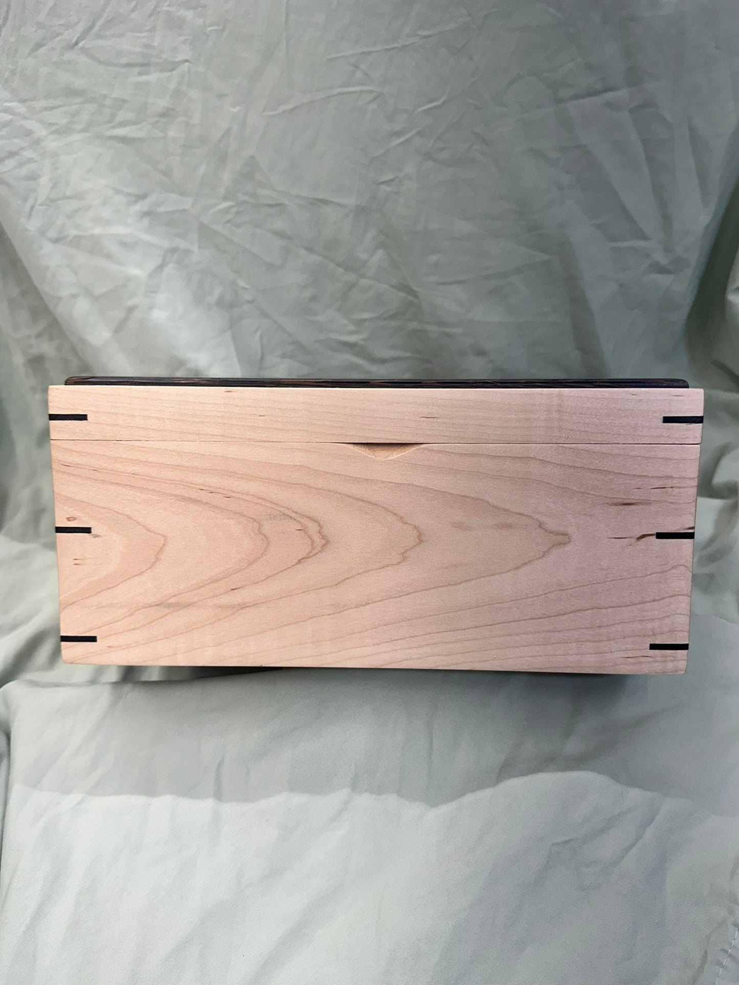 Moderately Figured Curly Maple Mitered Box | 11 x 6.75 x 5" with Domed Wenge Lid, Crown of Thorns Inlay, and Wenge Tray