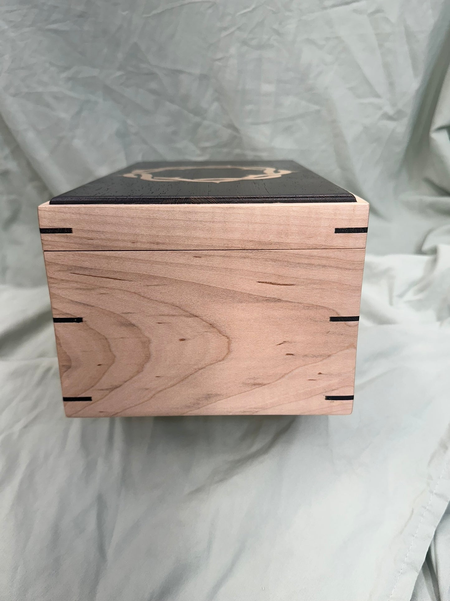 Moderately Figured Curly Maple Mitered Box | 11 x 6.75 x 5" with Domed Wenge Lid, Crown of Thorns Inlay, and Wenge Tray