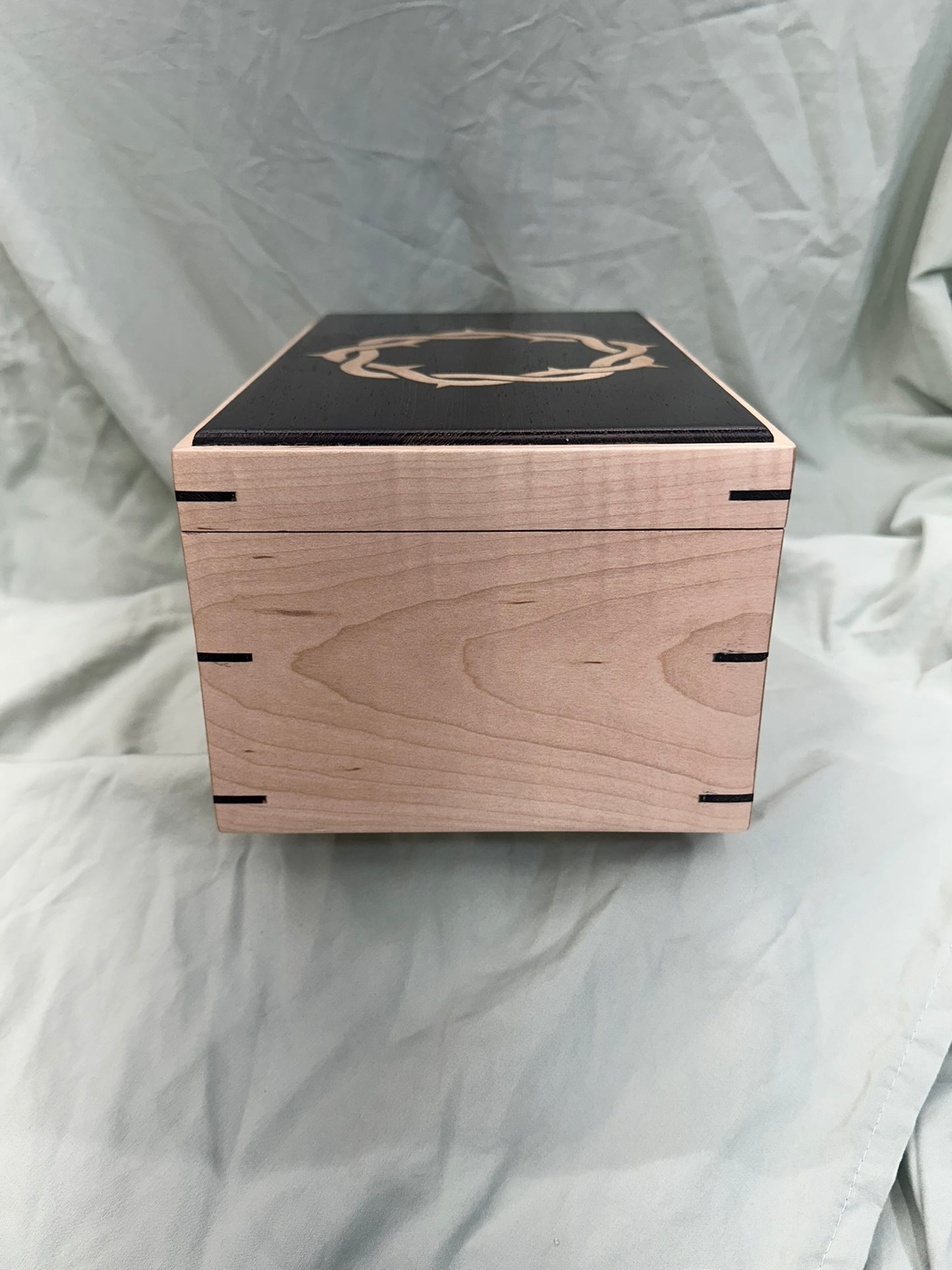 Moderately Figured Curly Maple Mitered Box | 11 x 6.75 x 5" with Domed Wenge Lid, Crown of Thorns Inlay, and Wenge Tray